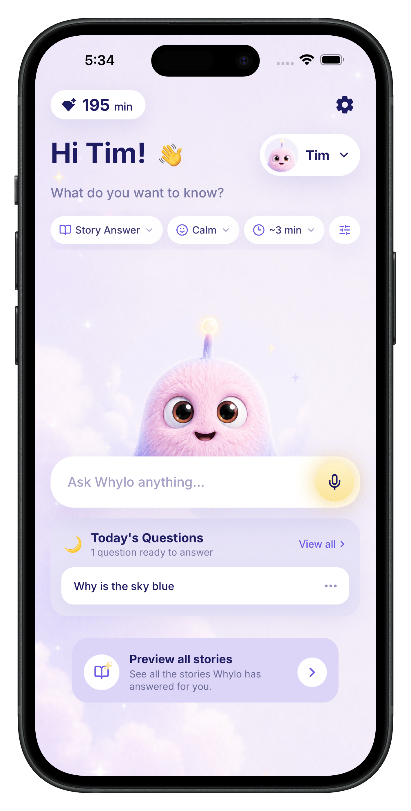 Whylo app home screen