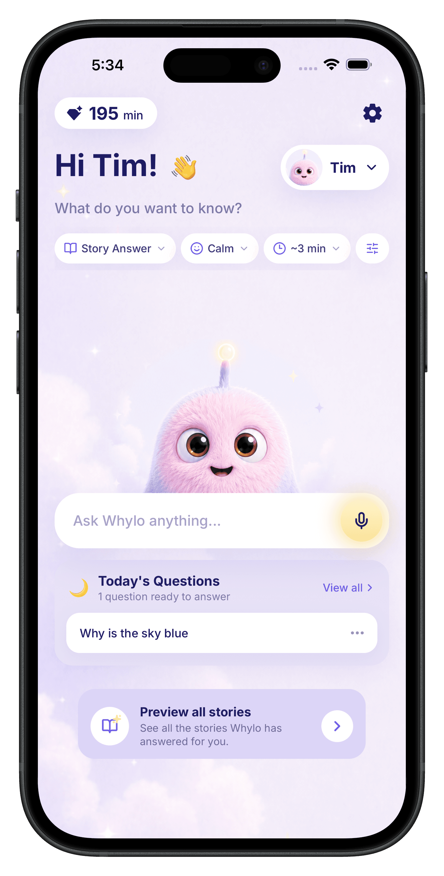 Whylo app home screen